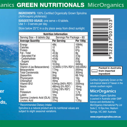 Green Nutritionals Mountain Organic Spirulina 500 Tablets