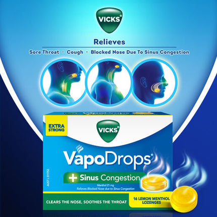 Vicks VapoDrops +Sinus Congestion Lemon Menthol 16 Lozenges – Cough & Cold