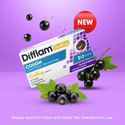 Difflam Soothing Cough + Sore Throat + Blocked Nose Lozenges Blackcurrant 16s