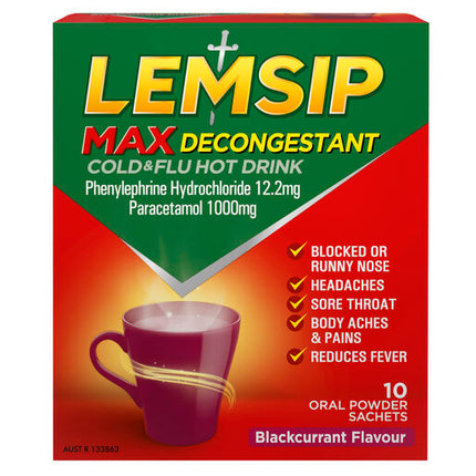 Lemsip Max Cold & Flu With Decongestant Blackcurrant 10 Sachets