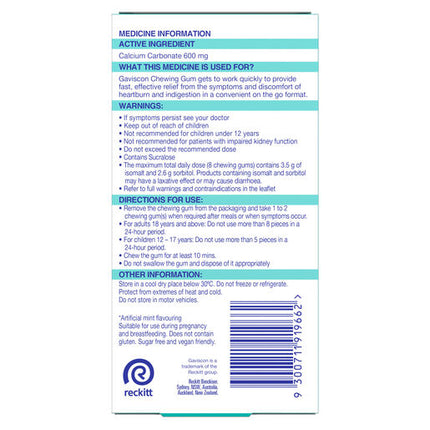 Gaviscon Chewing Gum Heartburn and Indigestion relief Cool Mint Flavour 10 Pack