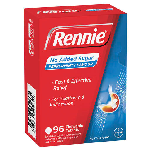 Rennie No Added Sugar Indigestion and Heartburn Relief Peppermint, 96 Chewable Tablets