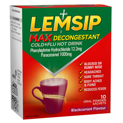Lemsip Max Cold & Flu With Decongestant Blackcurrant 10 Sachets