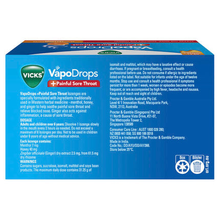 Vicks VapoDrops +Painful Sore Throat 32 Honey Liquicentre Lozenges – Cough & Cold