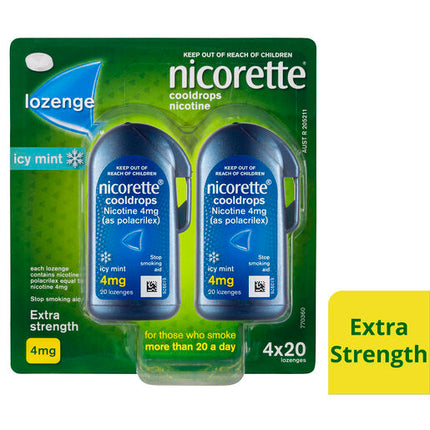Nicorette Quit Smoking Extra Strength Cooldrops Nicotine Lozenge Icy Mint 4 x 20 Pack