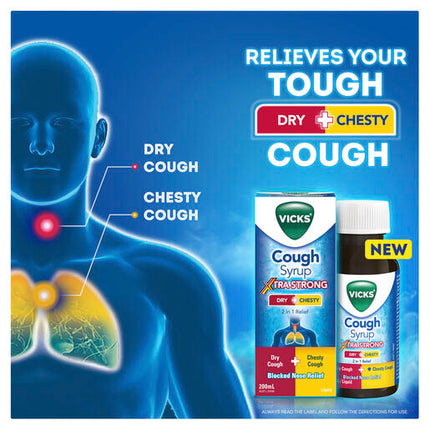 Vicks Cough Syrup Dry + Chesty Xtra Strong Cough and Cold Relief 200mL