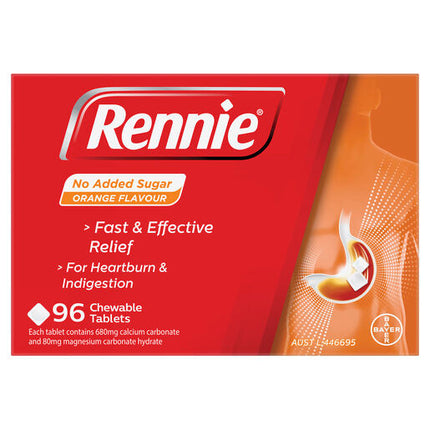 Rennie No Added Sugar Indigestion and Heartburn Relief Orange, 96 Chewable Tablets