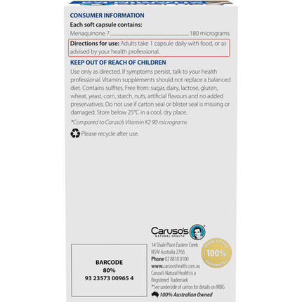 Caruso's Vitamin K2 Double Strength 60 Capsules