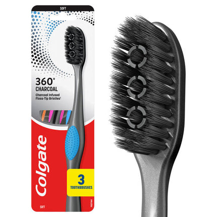 Colgate 360 Charcoal Manual Toothbrush, 3 Pack, Soft Spiral Antibacterial Bristles, Whole Mouth Clean