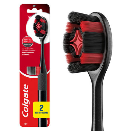 Colgate Optic White Pro Series Manual Toothbrush with Charcoal Spiral Bristles, 2 Pack