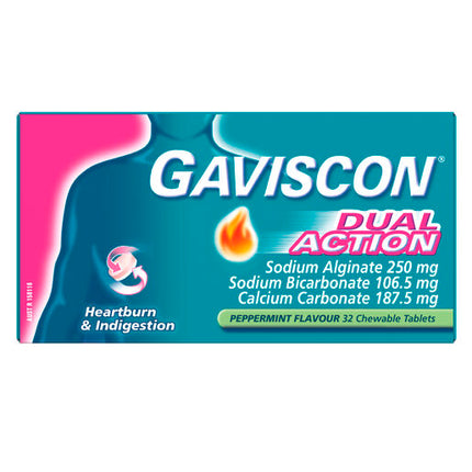 Gaviscon Dual Action Heartburn & Indigestion Relief Peppermint 32 Chewable Tablets