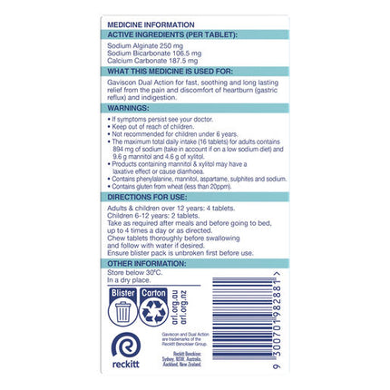 Gaviscon Dual Action Heartburn & Indigestion Relief Peppermint 16 Chewable Tablets