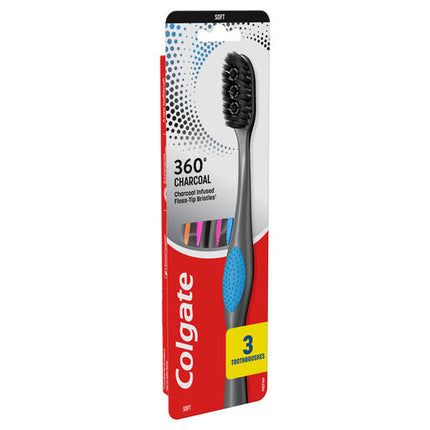 Colgate 360 Charcoal Manual Toothbrush, 3 Pack, Soft Spiral Antibacterial Bristles, Whole Mouth Clean