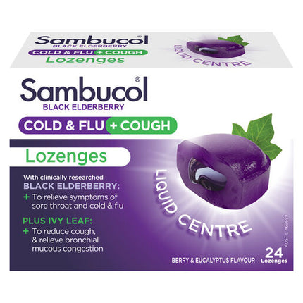 Sambucol Black Elderberry Cold & Flu + Cough Medicated Liquid Centre Lozenges