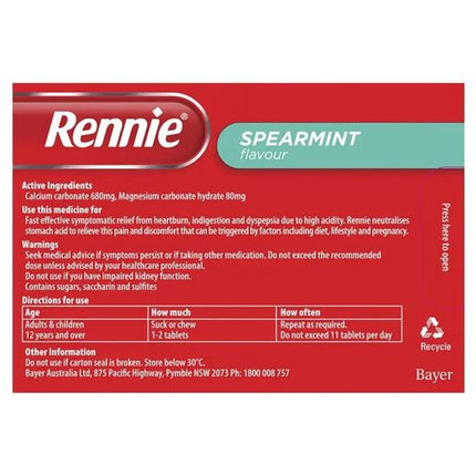 Rennie No Added Sugar Indigestion and Heartburn Relief Spearmint, 96 Chewable Tablets