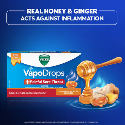 Vicks VapoDrops +Painful Sore Throat 16 Honey Liquicentre Lozenges – Cough & Cold