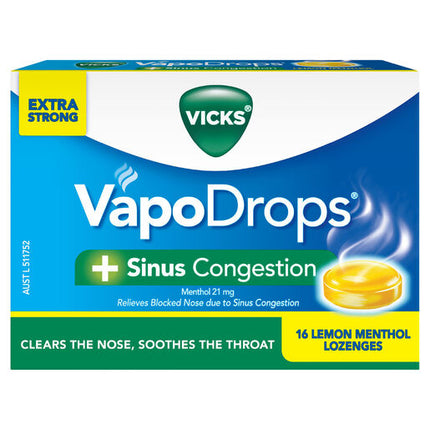 Vicks VapoDrops +Sinus Congestion Lemon Menthol 16 Lozenges – Cough & Cold