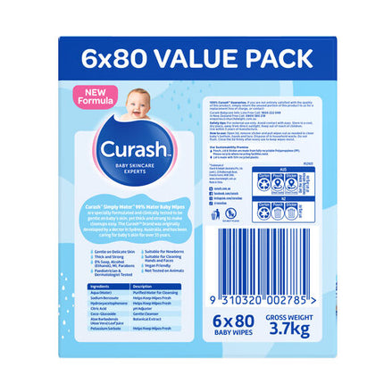 Curash Simply Water Baby Wipes 6 x 80 Value Pack