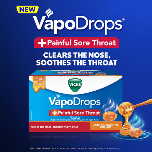 Vicks VapoDrops +Painful Sore Throat 32 Honey Liquicentre Lozenges – Cough & Cold
