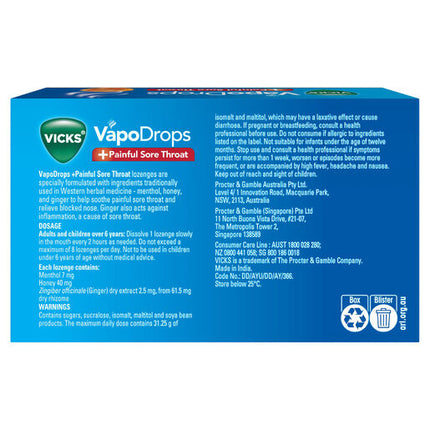 Vicks VapoDrops +Painful Sore Throat 16 Honey Liquicentre Lozenges – Cough & Cold