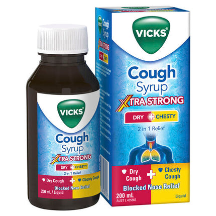 Vicks Cough Syrup Dry + Chesty Xtra Strong Cough and Cold Relief 200mL