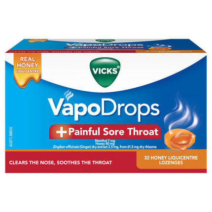 Vicks VapoDrops +Painful Sore Throat 32 Honey Liquicentre Lozenges – Cough & Cold