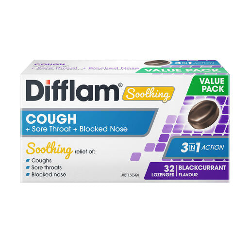 Difflam Soothing Cough + Sore Throat + Blocked Nose Lozenges Blackcurrant 32s