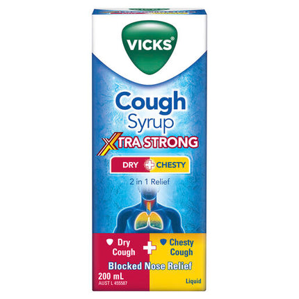 Vicks Cough Syrup Dry + Chesty Xtra Strong Cough and Cold Relief 200mL