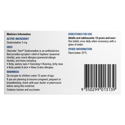 Chemists' Own Desloratadine Hayfever & Allergy Relief Tablets 5mg 20