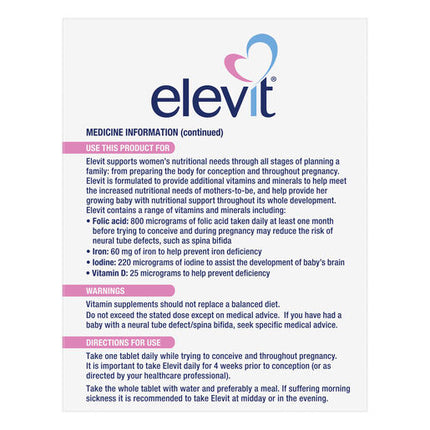 Elevit Pre-Conception and Pregnancy Multivitamin Tablets 100 pack (100 days) New Formula