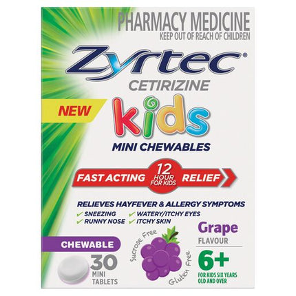 Zyrtec Kids Allergy & Hayfever Chewable Tablets Grape 30 Pack