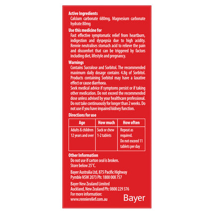 Rennie No Added Sugar Indigestion and Heartburn Relief Orange, 96 Chewable Tablets
