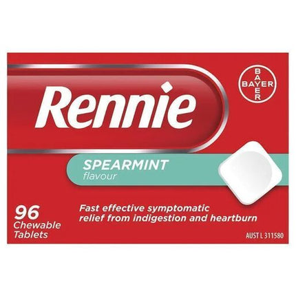 Rennie No Added Sugar Indigestion and Heartburn Relief Spearmint, 96 Chewable Tablets