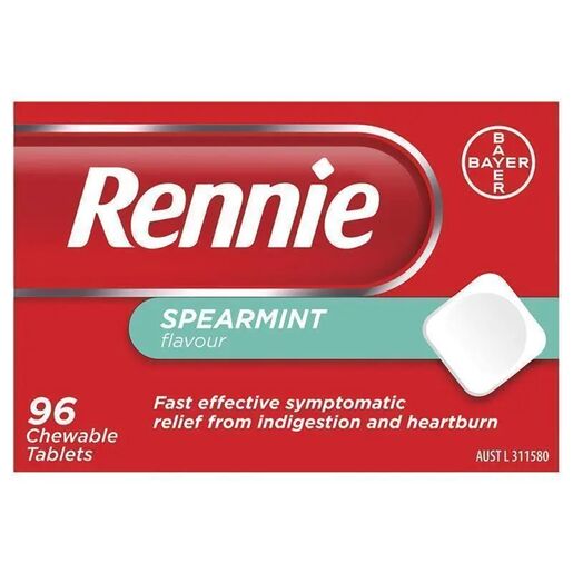 Rennie No Added Sugar Indigestion and Heartburn Relief Spearmint, 96 Chewable Tablets