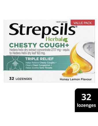 Strepsils Herbal Chesty Cough Honey Lemon Flavour 32 Lozenges