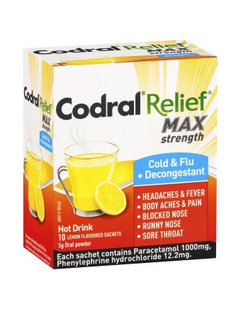 Codral Relief Max Cold & Flu + Decongestant Hot Drink Oral Powder 10 Sachets 