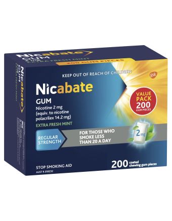 Nicabate Gum Stop Smoking Nicotine 2mg Regular Strength Extra Fresh Mint Coated Chewing Gum 200 Pack