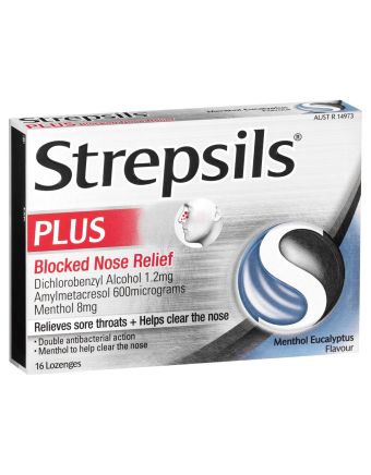 Strepsils Plus Blocked Nose Relief Sore Throat Lozenges 16 pack