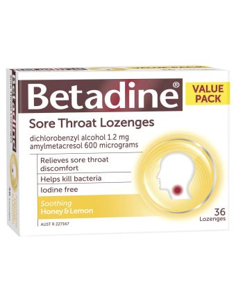 Betadine Sore Throat Lozenges Honey & Lemon 36 Pack