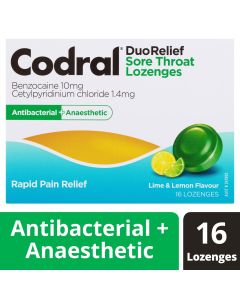 Codral Duo Relief Sore Throat Lozenges Antibacterial + Anaesthetic Lime & Lemon 16 Pack