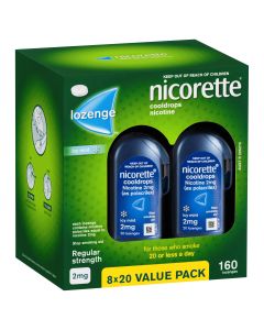 Nicorette Quit Smoking Regular Strength Cooldrops Nicotine Lozenge Icy Mint 8 x 20 Pack