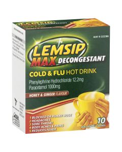 Lemsip Max Decongestant Cold and Flu Hot Drink Honey and Ginger 10 Pack