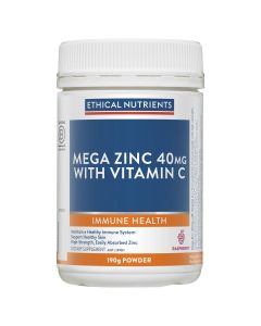 Ethical Nutrients Mega Zinc 40mg with Vitamin C Raspberry 190g Powder